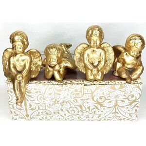 Vintage Christmas Cherub Figurine Set Of 4 With Original Box Gold Ceramic 1990s